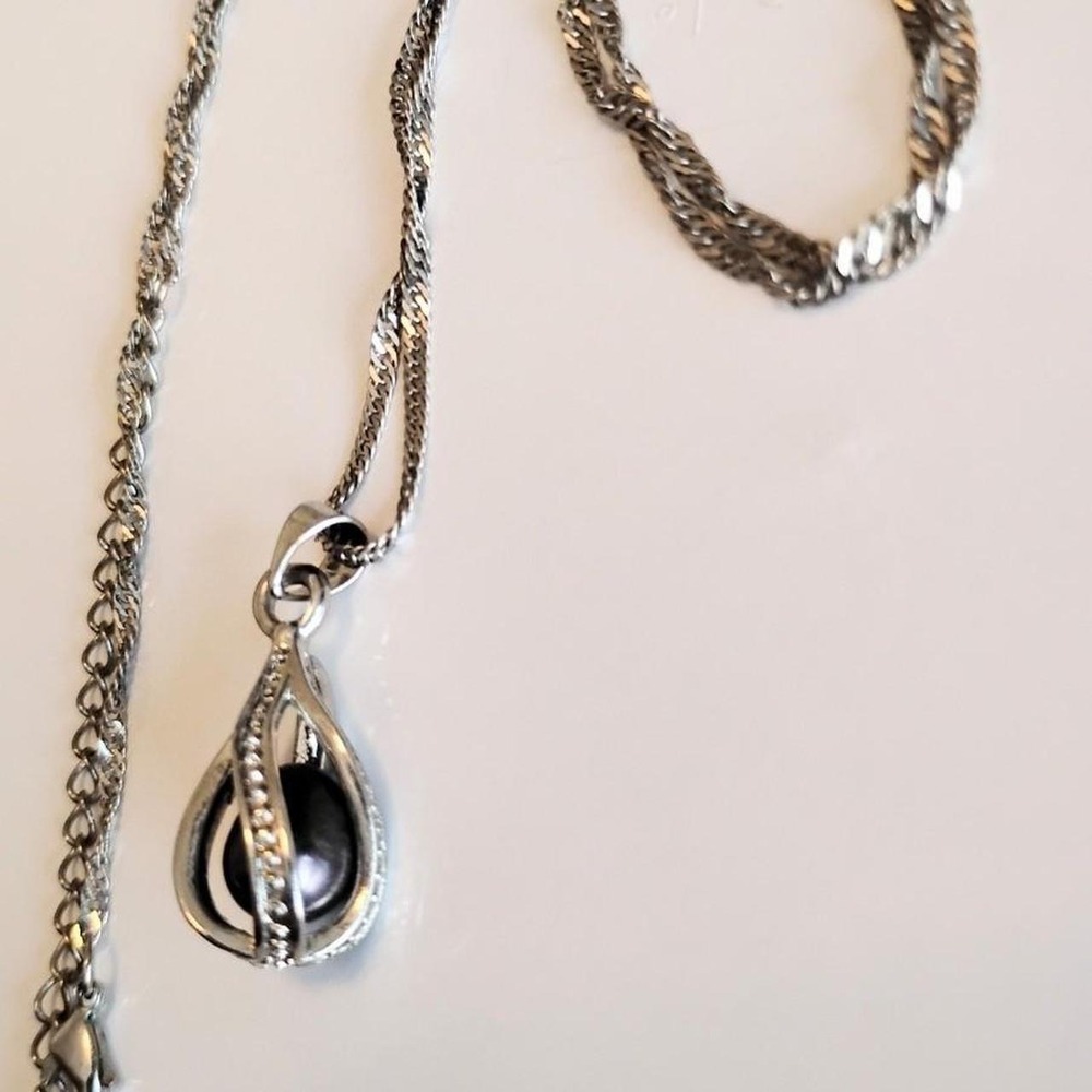Silver Teardrop Black Pearl Diamond Cage Necklace #vintage #coquette #preppy - Picture 4 of 7
